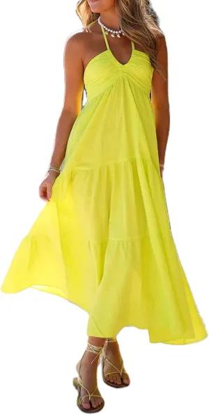 Women Summer Halter Smocked Long Dress Spaghetti Strap Ruffle Tiered Flowy Backless Maxi Dress Beach Sundress