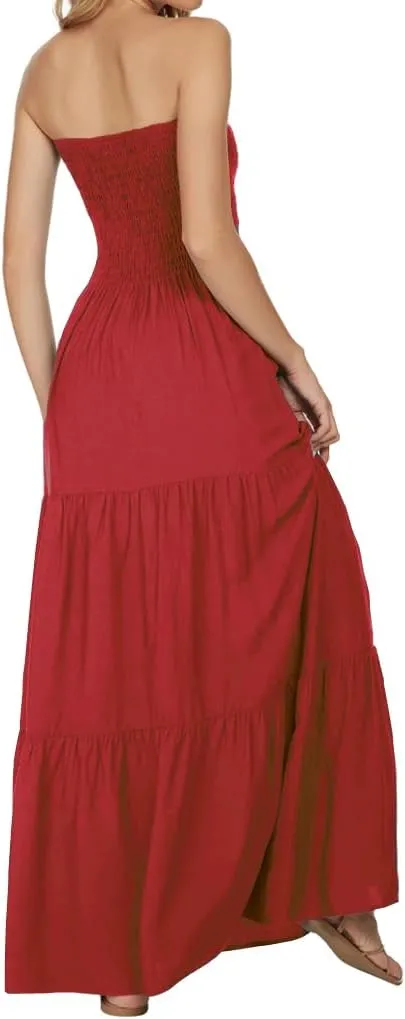 Women's Casual Off Shoulder Maxi Dress Strapless Tube Top Bohemian Beach Long Dresses 092