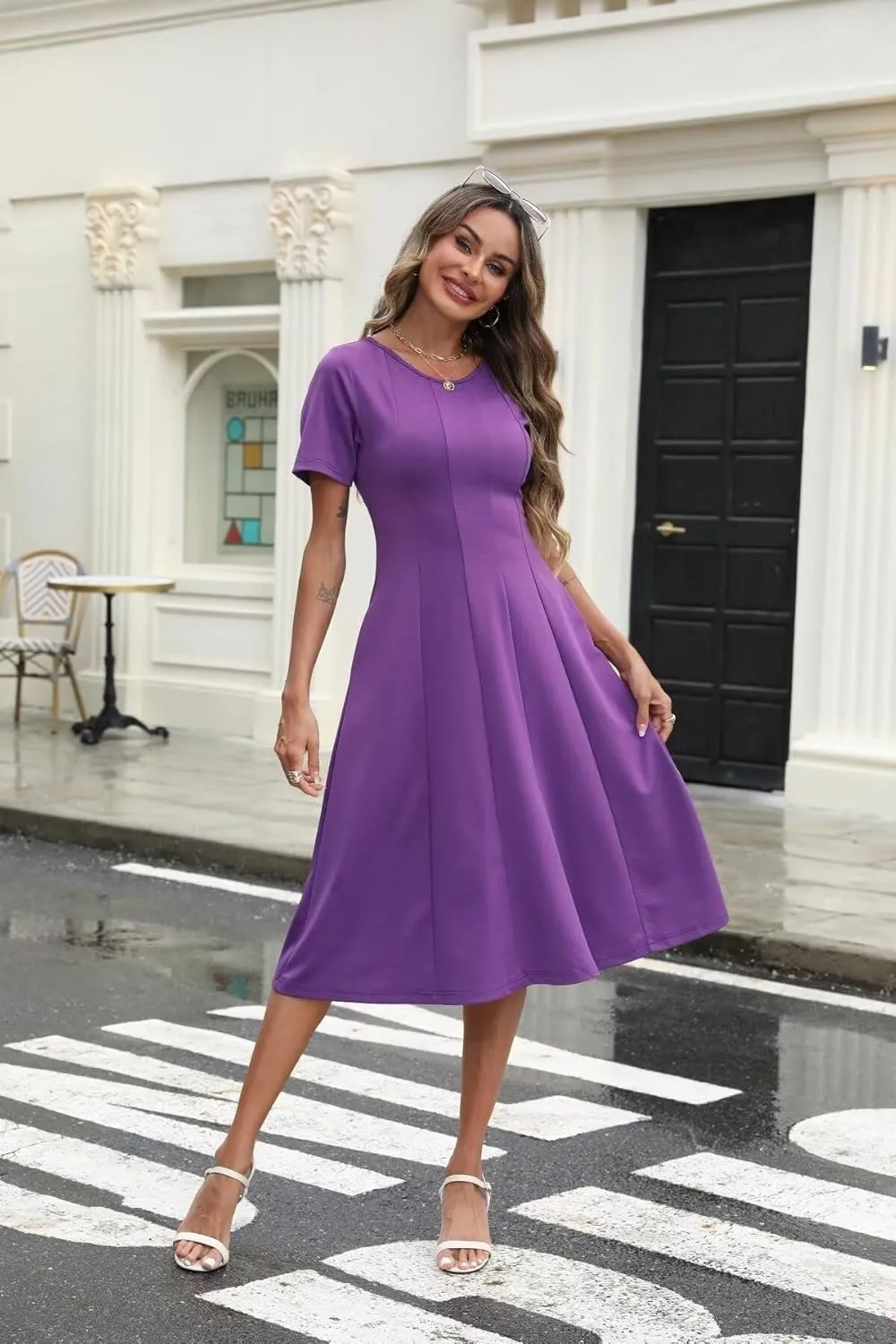Womens Casual Summer Midi Dress Short Sleeve Pleated Dress Flowy Flare A Line Dresses with Pockets