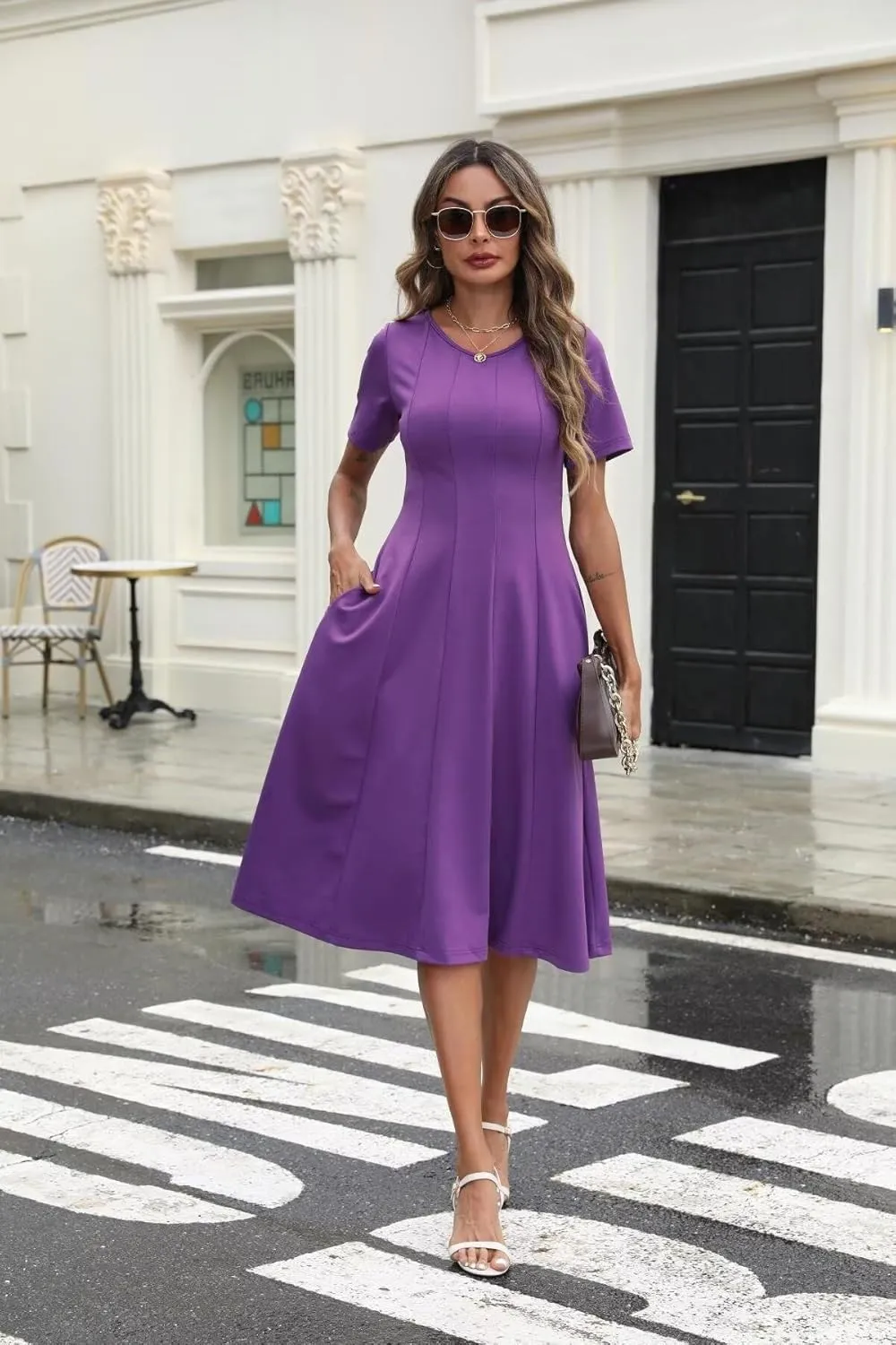 Womens Casual Summer Midi Dress Short Sleeve Pleated Dress Flowy Flare A Line Dresses with Pockets