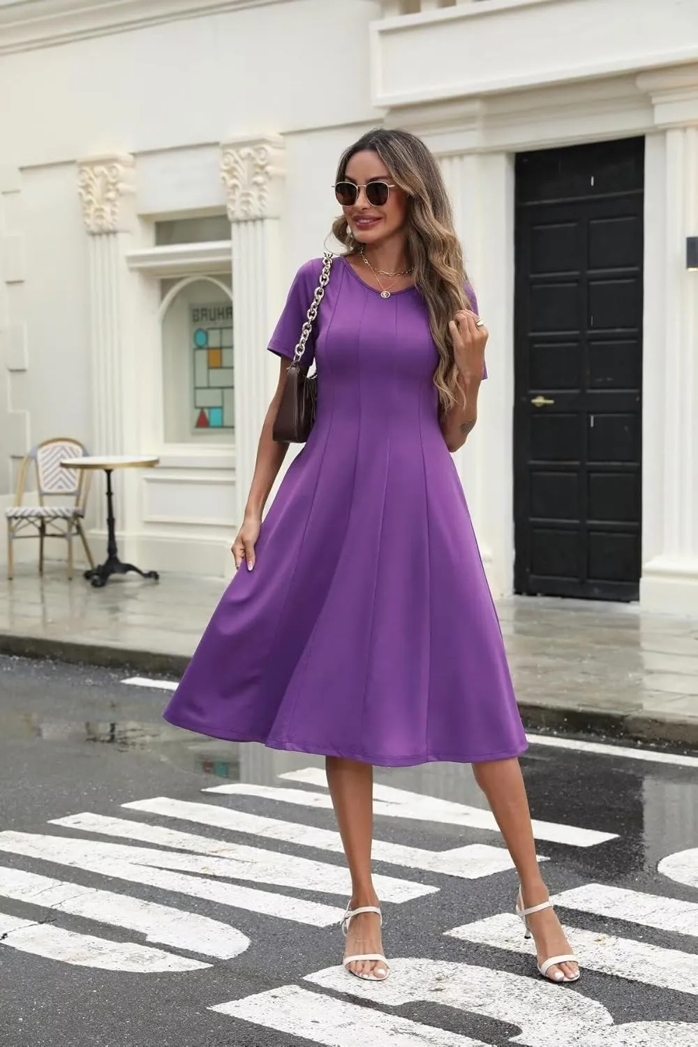 Womens Casual Summer Midi Dress Short Sleeve Pleated Dress Flowy Flare A Line Dresses with Pockets