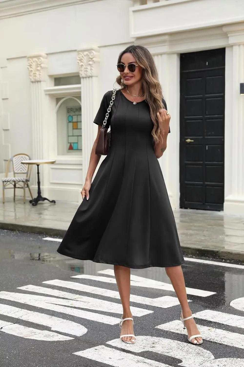 Womens Casual Summer Midi Dress Short Sleeve Pleated Dress Flowy Flare A Line Dresses with Pockets