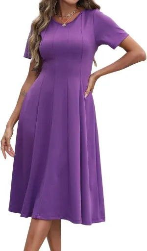 Womens Casual Summer Midi Dress Short Sleeve Pleated Dress Flowy Flare A Line Dresses with Pockets