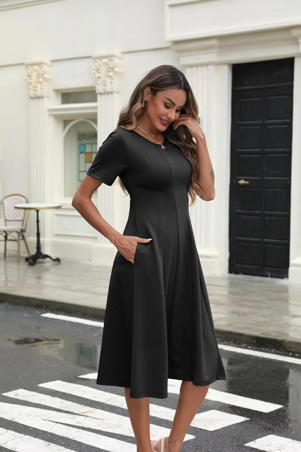 Womens Casual Summer Midi Dress Short Sleeve Pleated Dress Flowy Flare A Line Dresses with Pockets