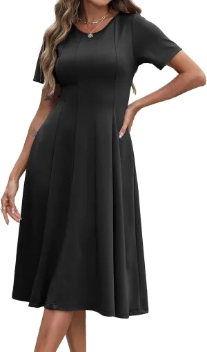 Womens Casual Summer Midi Dress Short Sleeve Pleated Dress Flowy Flare A Line Dresses with Pockets