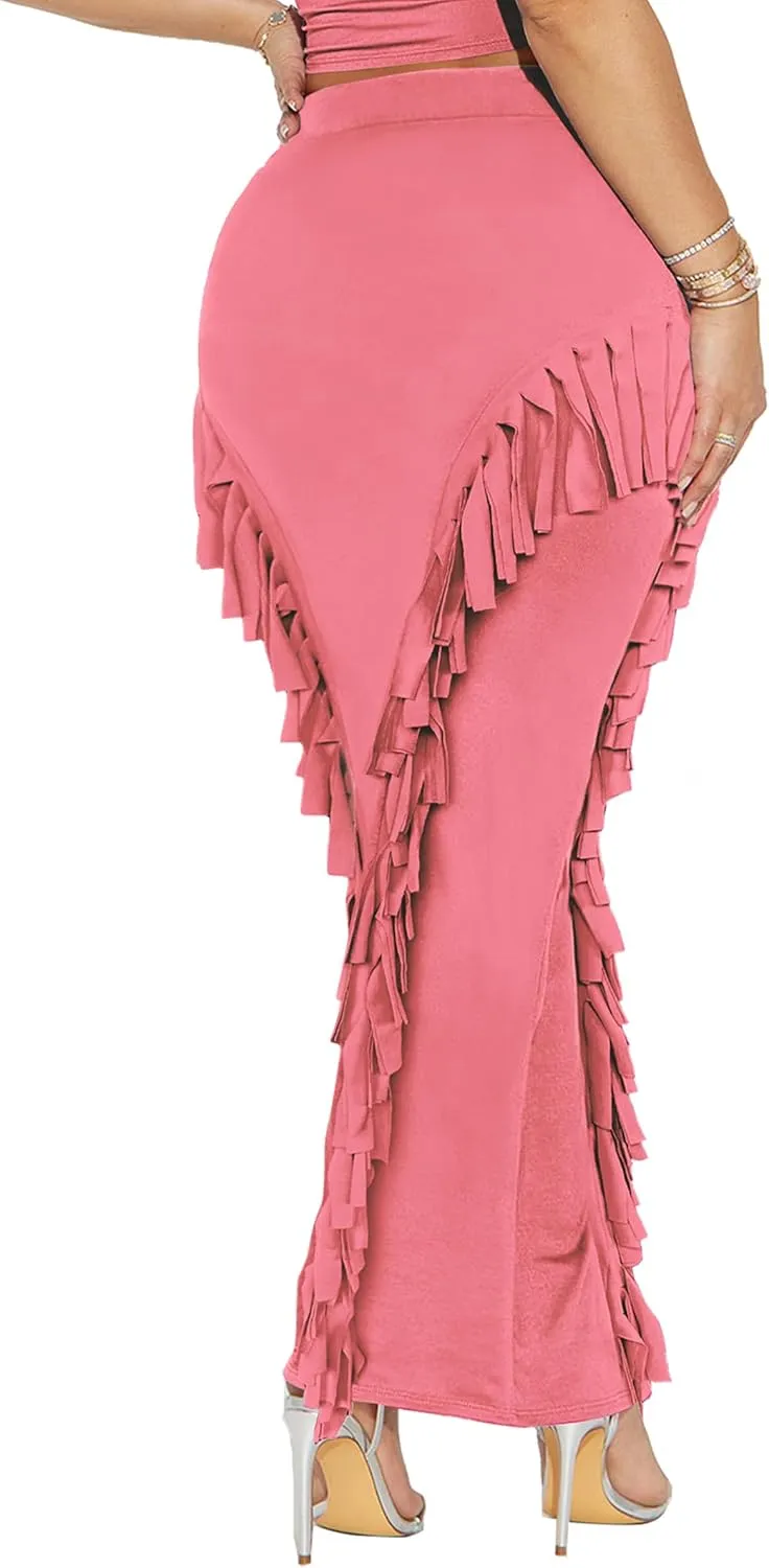 Women's Fringe Skirt Side Tassel Elastic High Waisted Pencil Long Maxi Skirts Bodycon