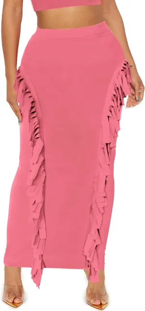 Women's Fringe Skirt Side Tassel Elastic High Waisted Pencil Long Maxi Skirts Bodycon