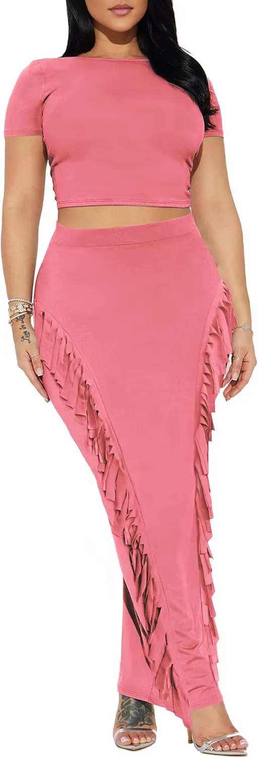 Women's Fringe Skirt Side Tassel Elastic High Waisted Pencil Long Maxi Skirts Bodycon
