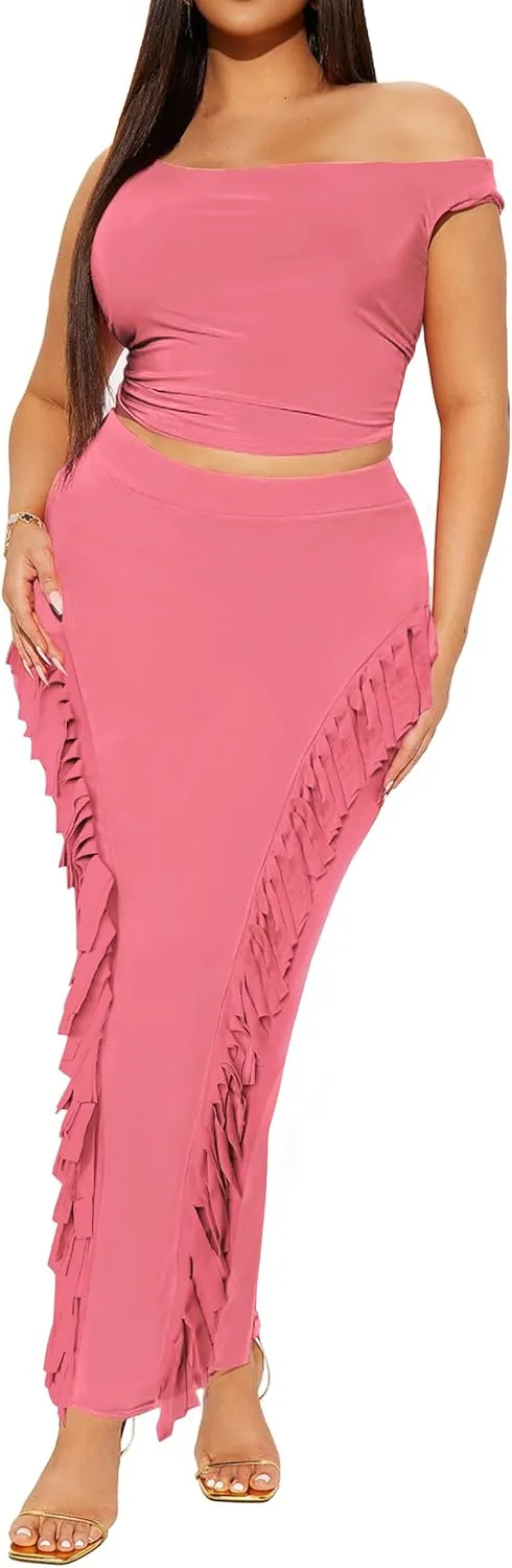 Women's Fringe Skirt Side Tassel Elastic High Waisted Pencil Long Maxi Skirts Bodycon