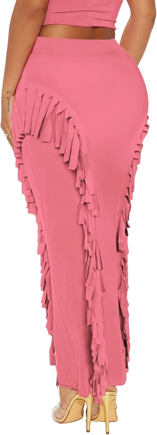 Women's Fringe Skirt Side Tassel Elastic High Waisted Pencil Long Maxi Skirts Bodycon