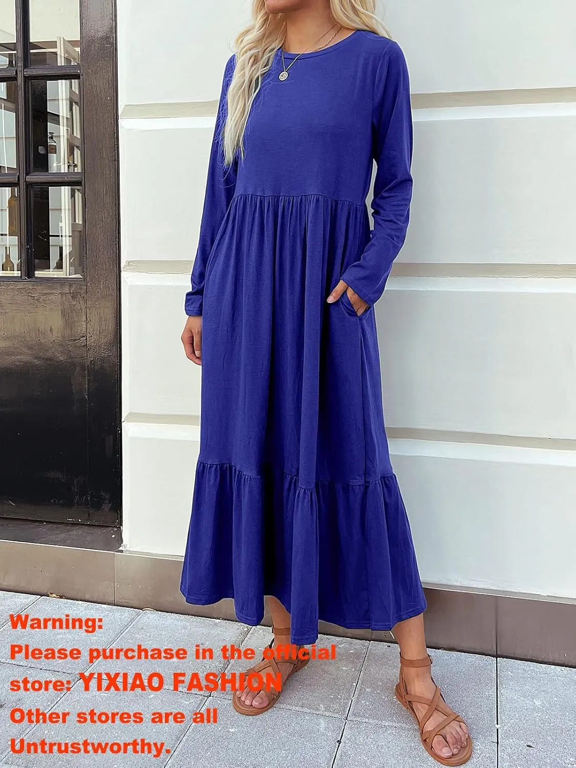 Women's Long Sleeves Maxi Dress Casual Loose Tiered Flowy Swing Beach Long Dresses with Pockets