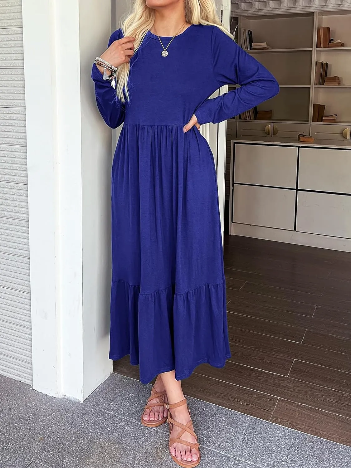 Women's Long Sleeves Maxi Dress Casual Loose Tiered Flowy Swing Beach Long Dresses with Pockets