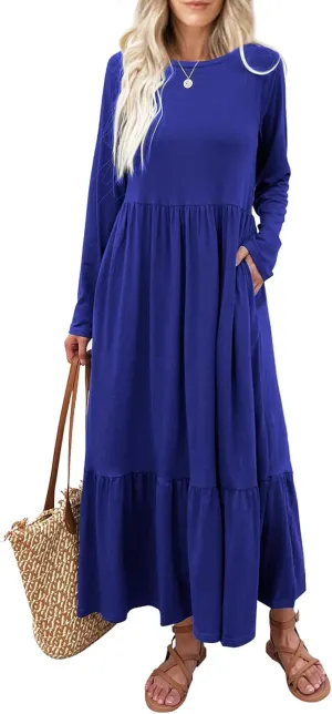 Women's Long Sleeves Maxi Dress Casual Loose Tiered Flowy Swing Beach Long Dresses with Pockets