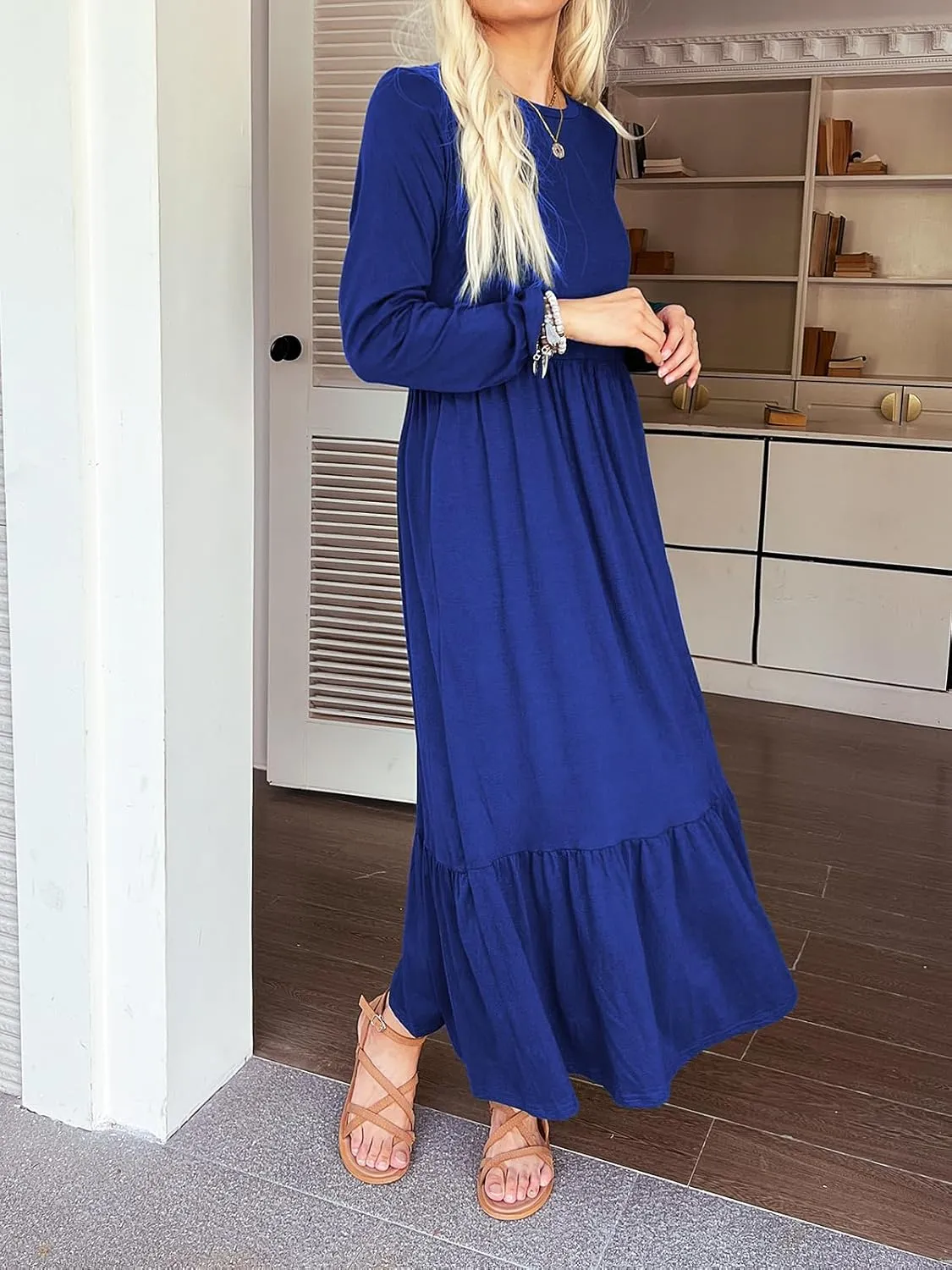 Women's Long Sleeves Maxi Dress Casual Loose Tiered Flowy Swing Beach Long Dresses with Pockets