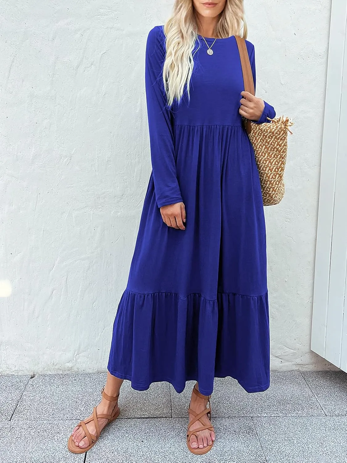 Women's Long Sleeves Maxi Dress Casual Loose Tiered Flowy Swing Beach Long Dresses with Pockets