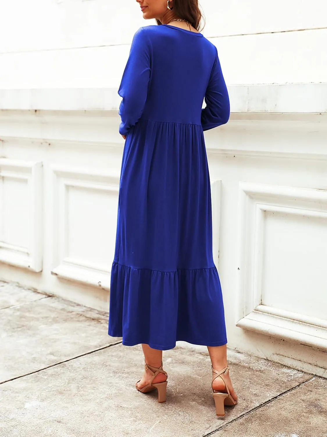 Women's Long Sleeves Maxi Dress Casual Loose Tiered Flowy Swing Beach Long Dresses with Pockets