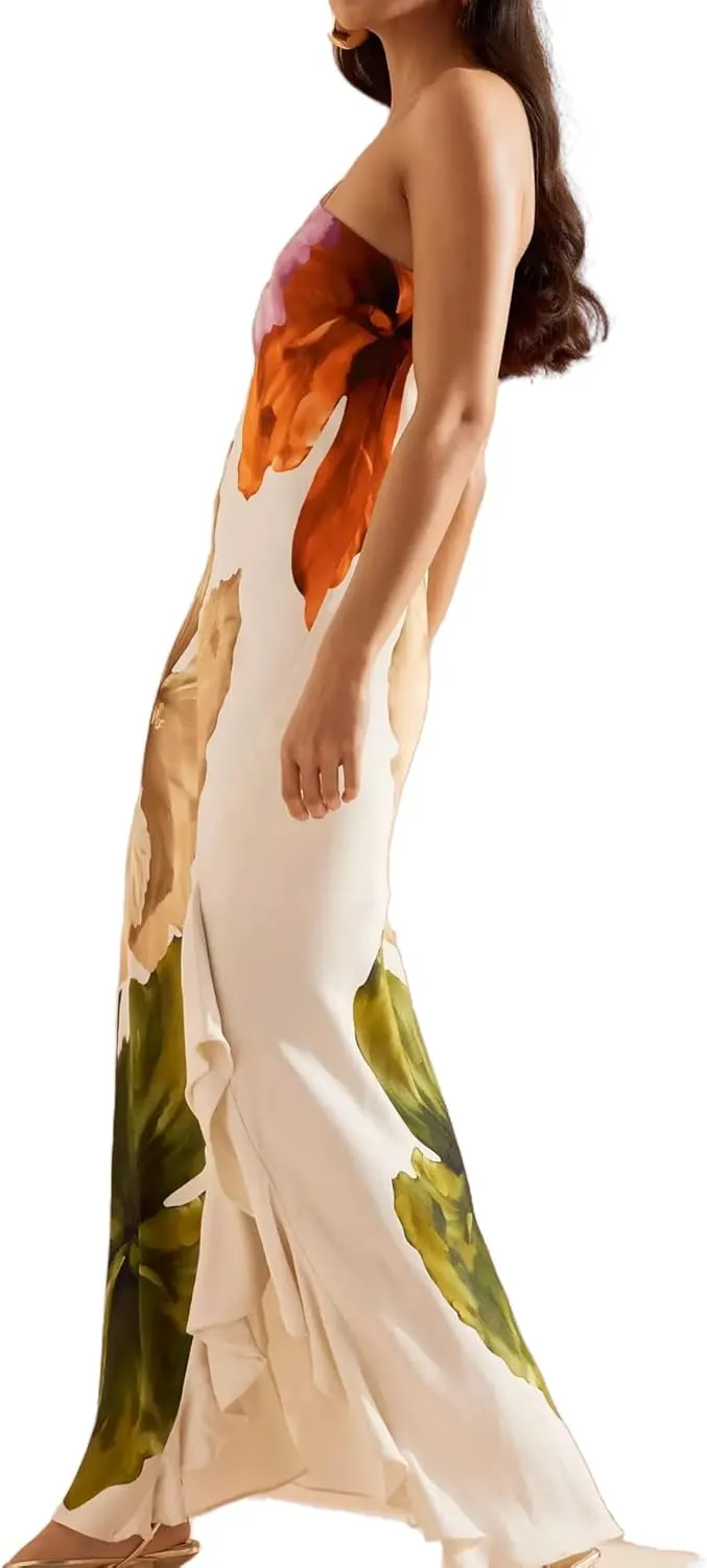 Women's Summer Maxi Casual Floral Ruffle High Low One Shoulder Club Party Long Split Dresses