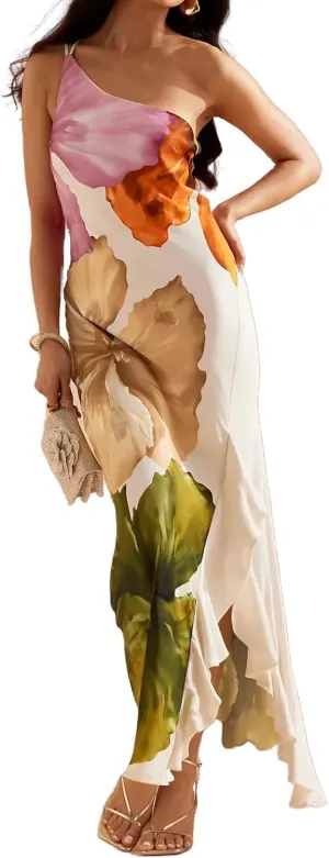 Women's Summer Maxi Casual Floral Ruffle High Low One Shoulder Club Party Long Split Dresses
