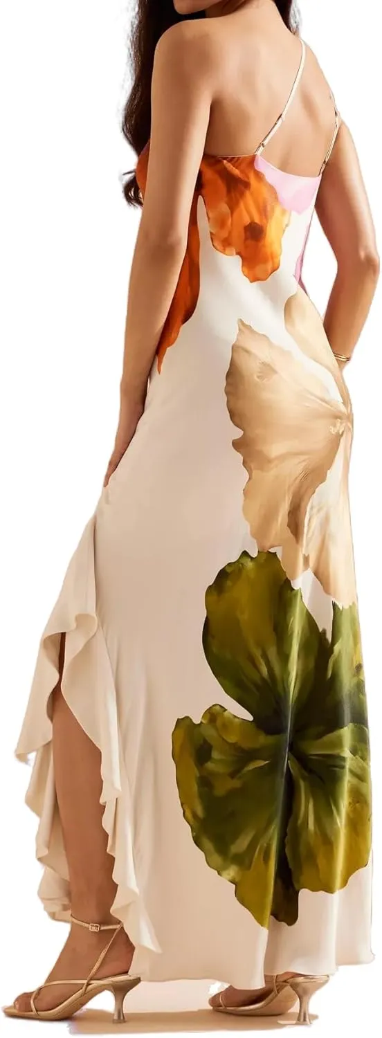 Women's Summer Maxi Casual Floral Ruffle High Low One Shoulder Club Party Long Split Dresses
