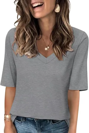 Women's V Neck T Shirts Half Sleeve Tops Casual Solid Summer Tees