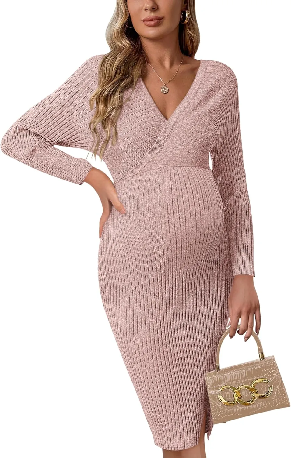 Wrap V Neck Maternity Sweater Dress Rib Knit Batwing Open Back Slit Pregnancy Dresses Baby Shower Photoshoot Outfit