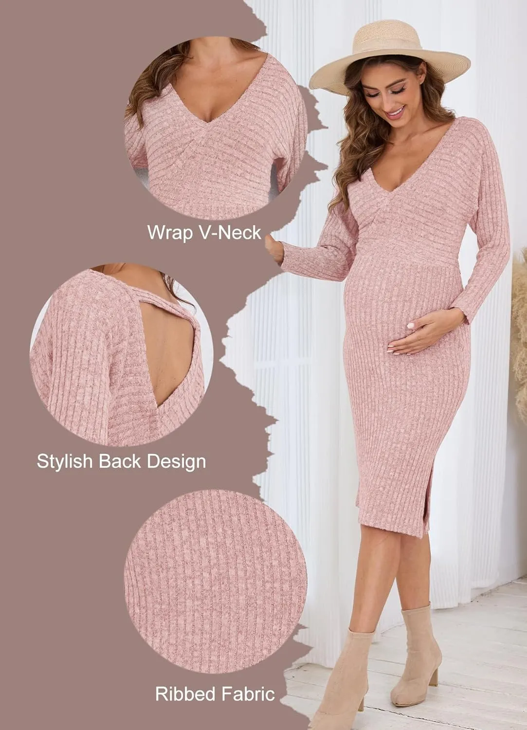 Wrap V Neck Maternity Sweater Dress Rib Knit Batwing Open Back Slit Pregnancy Dresses Baby Shower Photoshoot Outfit