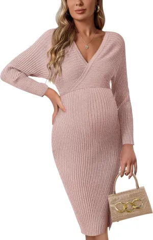 Wrap V Neck Maternity Sweater Dress Rib Knit Batwing Open Back Slit Pregnancy Dresses Baby Shower Photoshoot Outfit