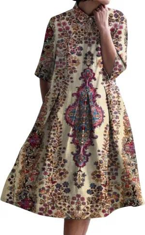 XOWRTE Womens Boho Floral Print Button Down Shirt Dresses with Pockets Summer Colorful Graphic Long Sleeve Midi Dress Long