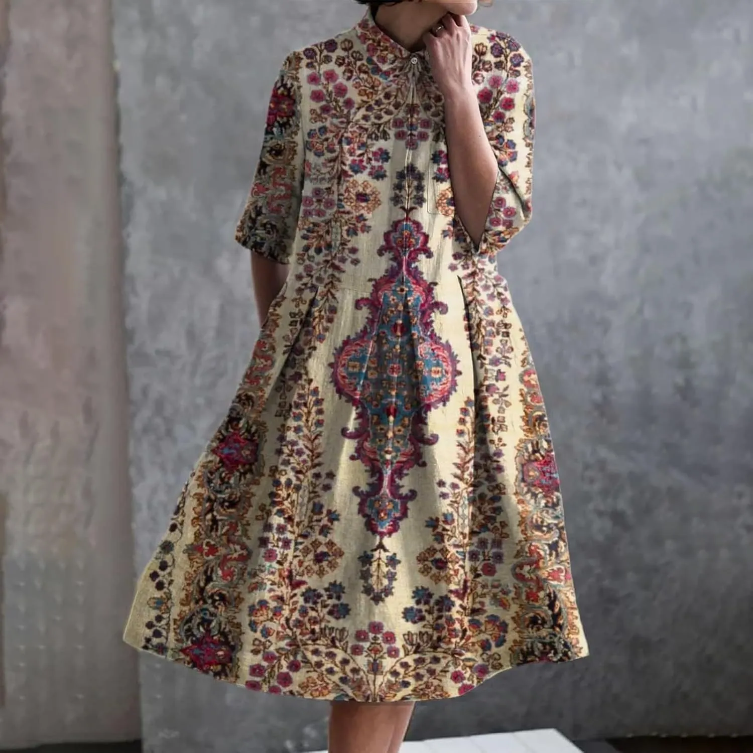 XOWRTE Womens Boho Floral Print Button Down Shirt Dresses with Pockets Summer Colorful Graphic Long Sleeve Midi Dress Long