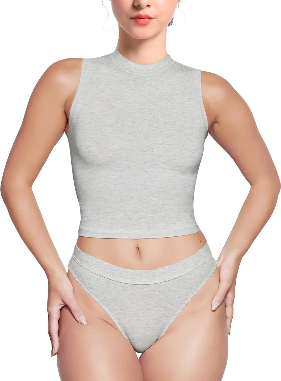 YIANNA Women's Sleeveless Crop Tops Cotton Slim Fit Basic Tee Mock Neck Tank Casual Going Out Top