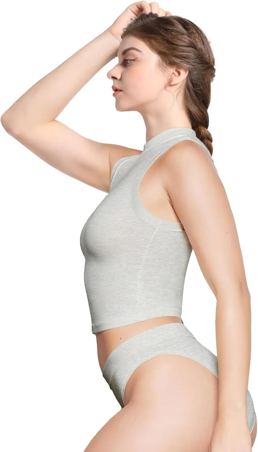 YIANNA Women's Sleeveless Crop Tops Cotton Slim Fit Basic Tee Mock Neck Tank Casual Going Out Top