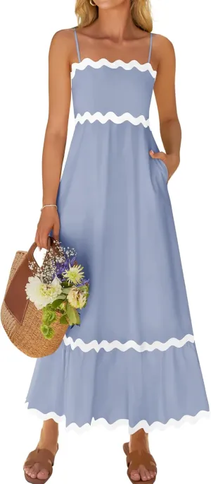 ZESICA Women's 2025 Summer Spaghetti Straps Sleeveless Backless Sundress Flowy Smocked Lace Swing A Line Midi Dress