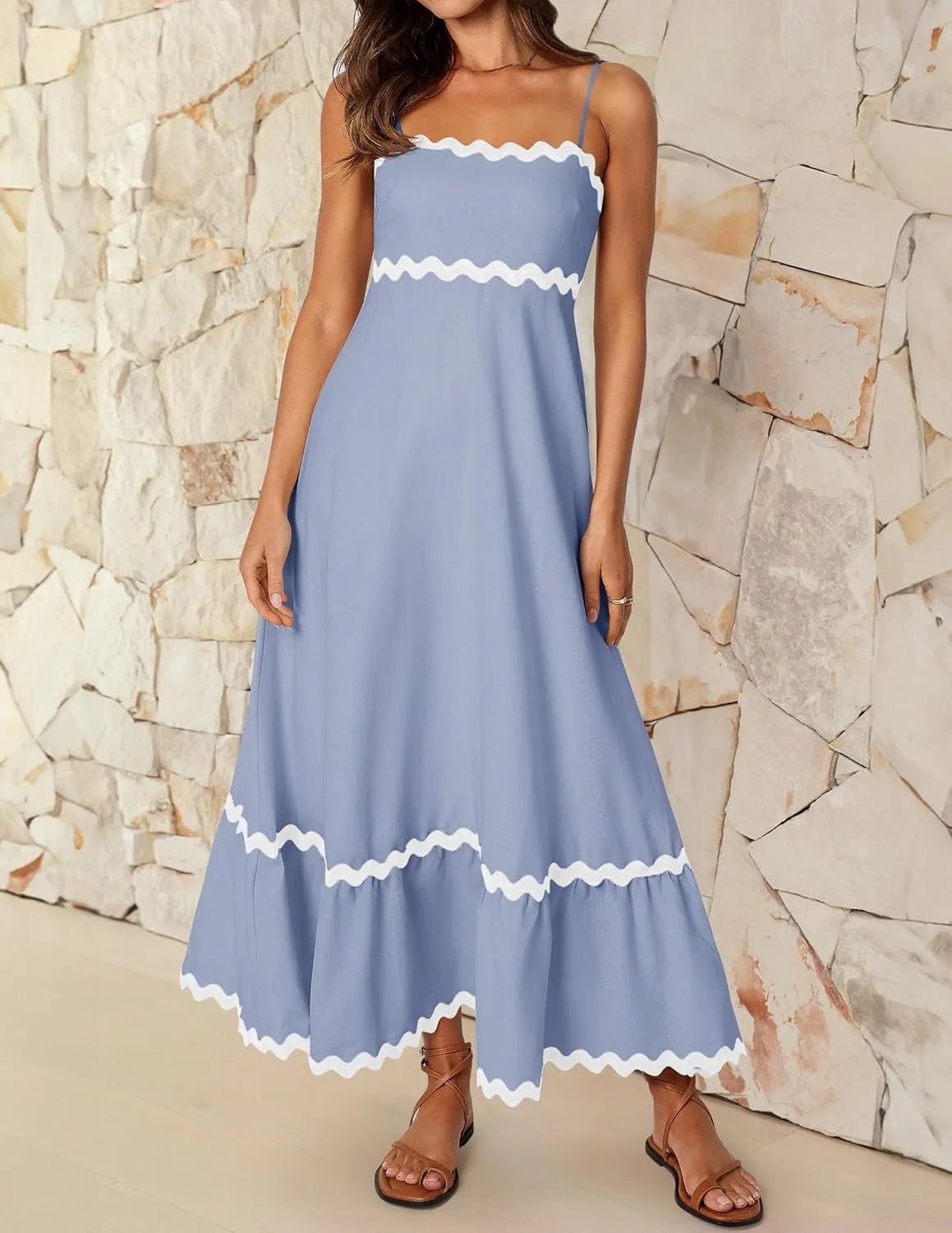 ZESICA Women's 2025 Summer Spaghetti Straps Sleeveless Backless Sundress Flowy Smocked Lace Swing A Line Midi Dress