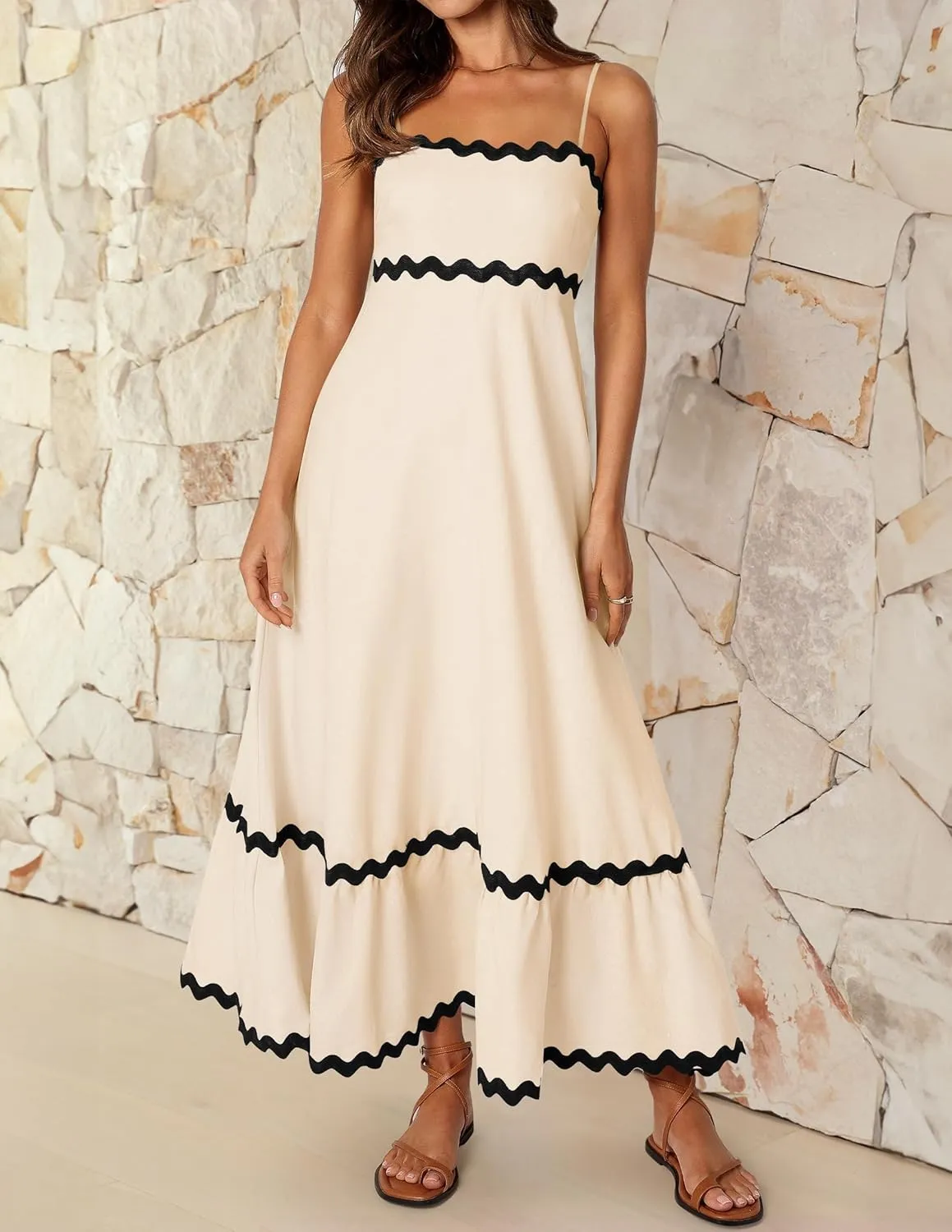 ZESICA Women's 2025 Summer Spaghetti Straps Sleeveless Backless Sundress Flowy Smocked Lace Swing A Line Midi Dress