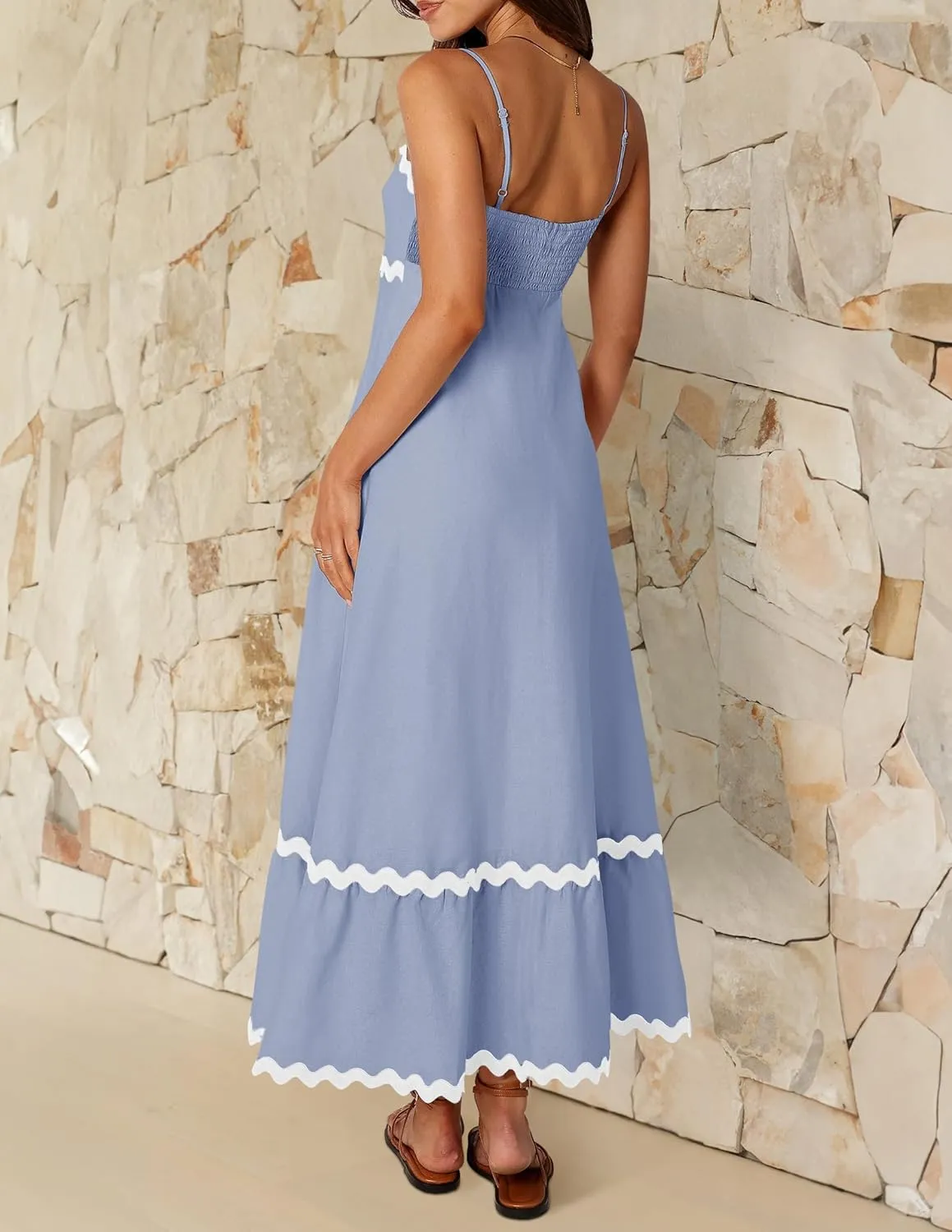 ZESICA Women's 2025 Summer Spaghetti Straps Sleeveless Backless Sundress Flowy Smocked Lace Swing A Line Midi Dress