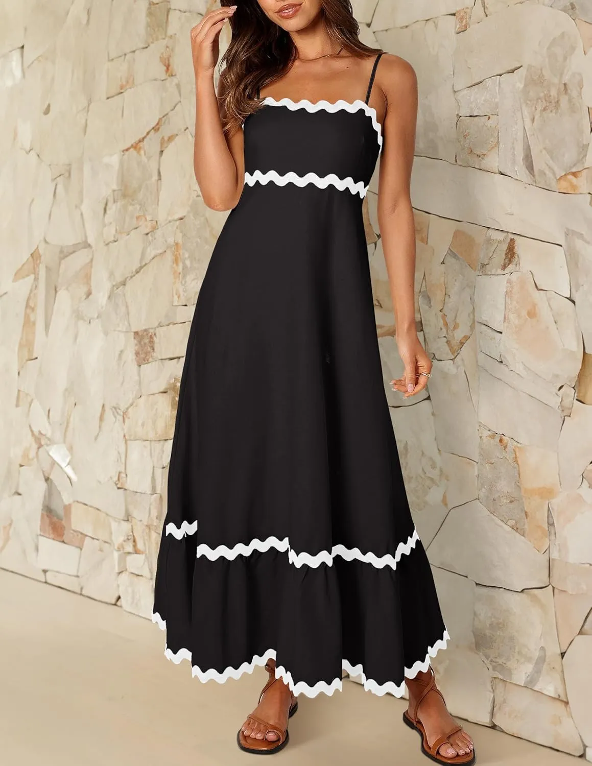 ZESICA Women's 2025 Summer Spaghetti Straps Sleeveless Backless Sundress Flowy Smocked Lace Swing A Line Midi Dress