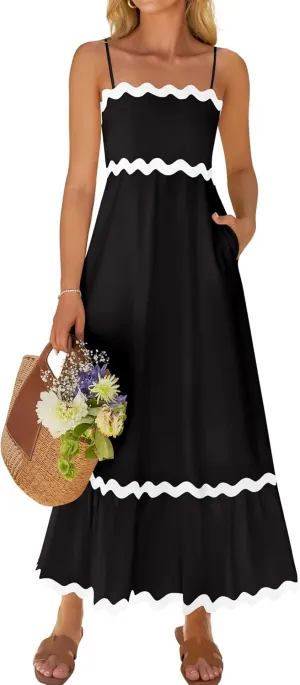 ZESICA Women's 2025 Summer Spaghetti Straps Sleeveless Backless Sundress Flowy Smocked Lace Swing A Line Midi Dress