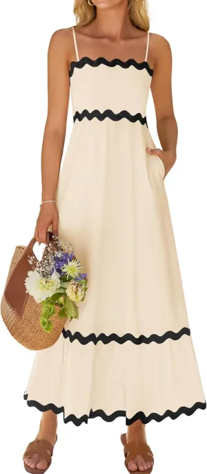 ZESICA Women's 2025 Summer Spaghetti Straps Sleeveless Backless Sundress Flowy Smocked Lace Swing A Line Midi Dress