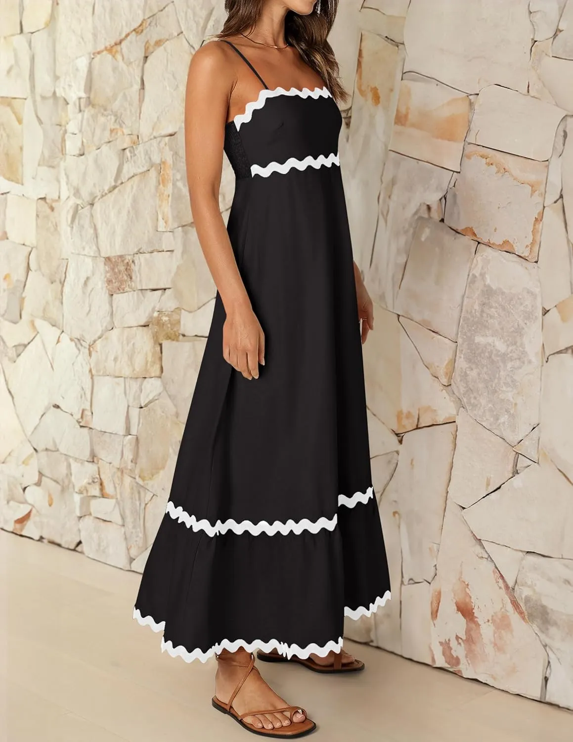 ZESICA Women's 2025 Summer Spaghetti Straps Sleeveless Backless Sundress Flowy Smocked Lace Swing A Line Midi Dress