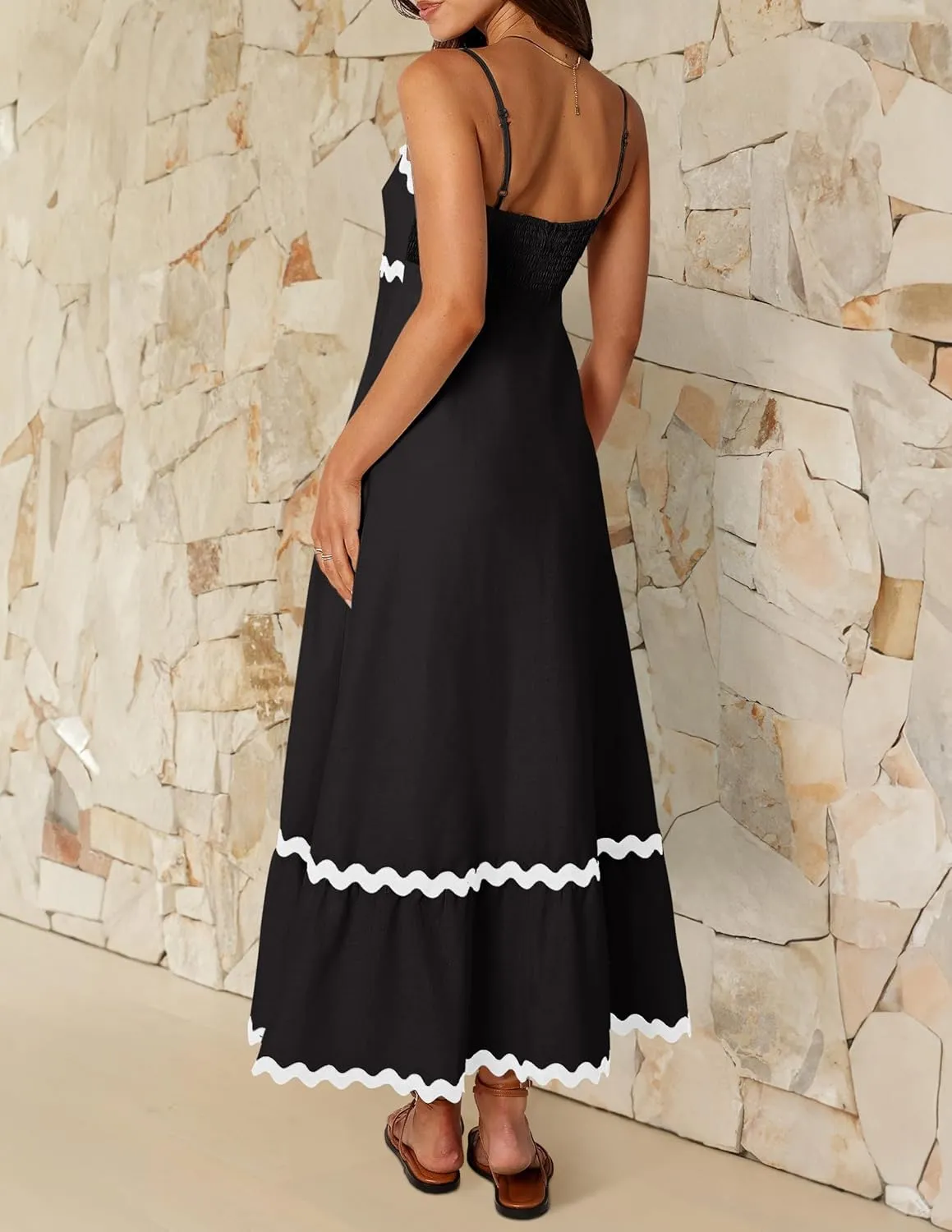 ZESICA Women's 2025 Summer Spaghetti Straps Sleeveless Backless Sundress Flowy Smocked Lace Swing A Line Midi Dress