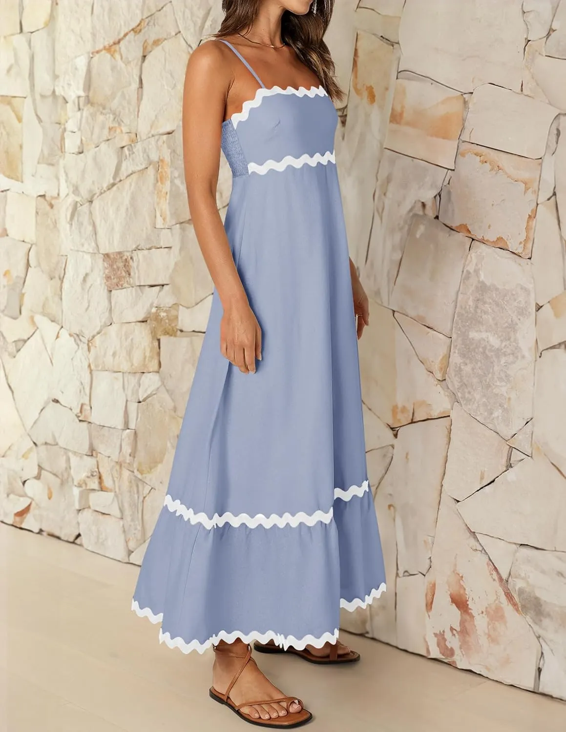 ZESICA Women's 2025 Summer Spaghetti Straps Sleeveless Backless Sundress Flowy Smocked Lace Swing A Line Midi Dress