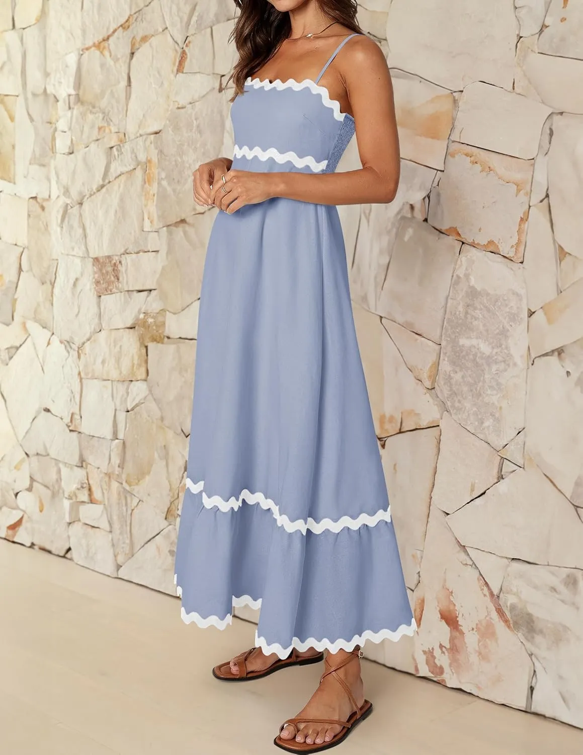 ZESICA Women's 2025 Summer Spaghetti Straps Sleeveless Backless Sundress Flowy Smocked Lace Swing A Line Midi Dress