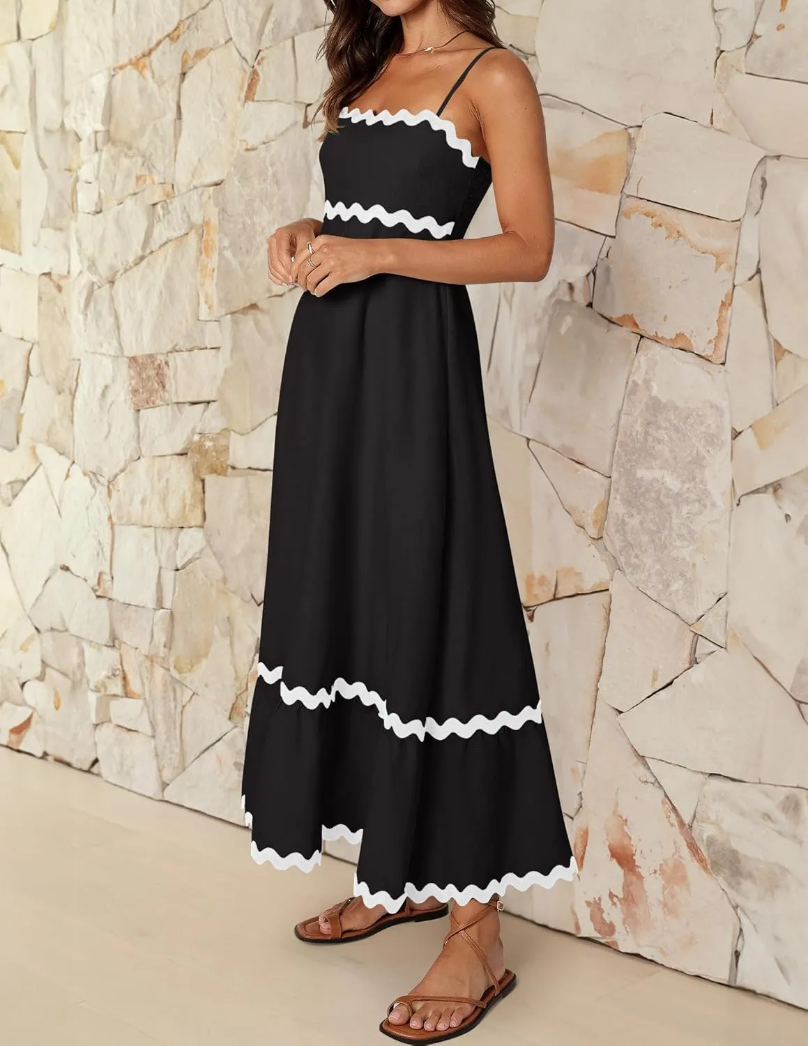 ZESICA Women's 2025 Summer Spaghetti Straps Sleeveless Backless Sundress Flowy Smocked Lace Swing A Line Midi Dress
